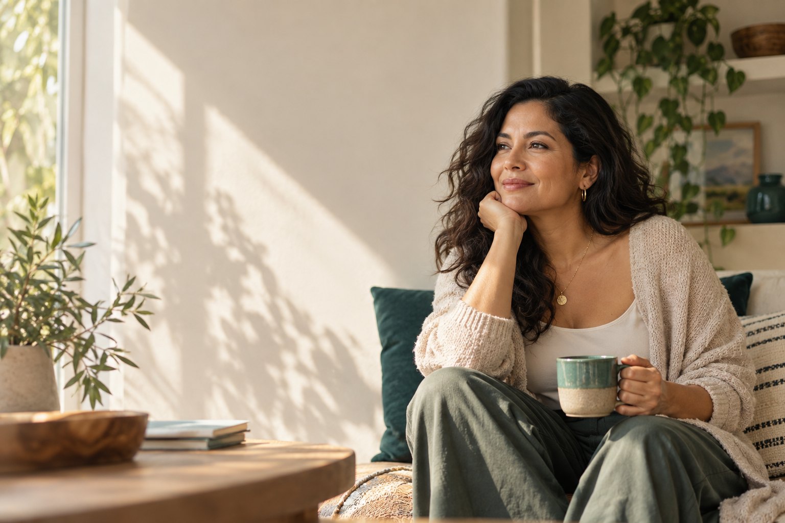 A woman enjoying a quiet moment at home